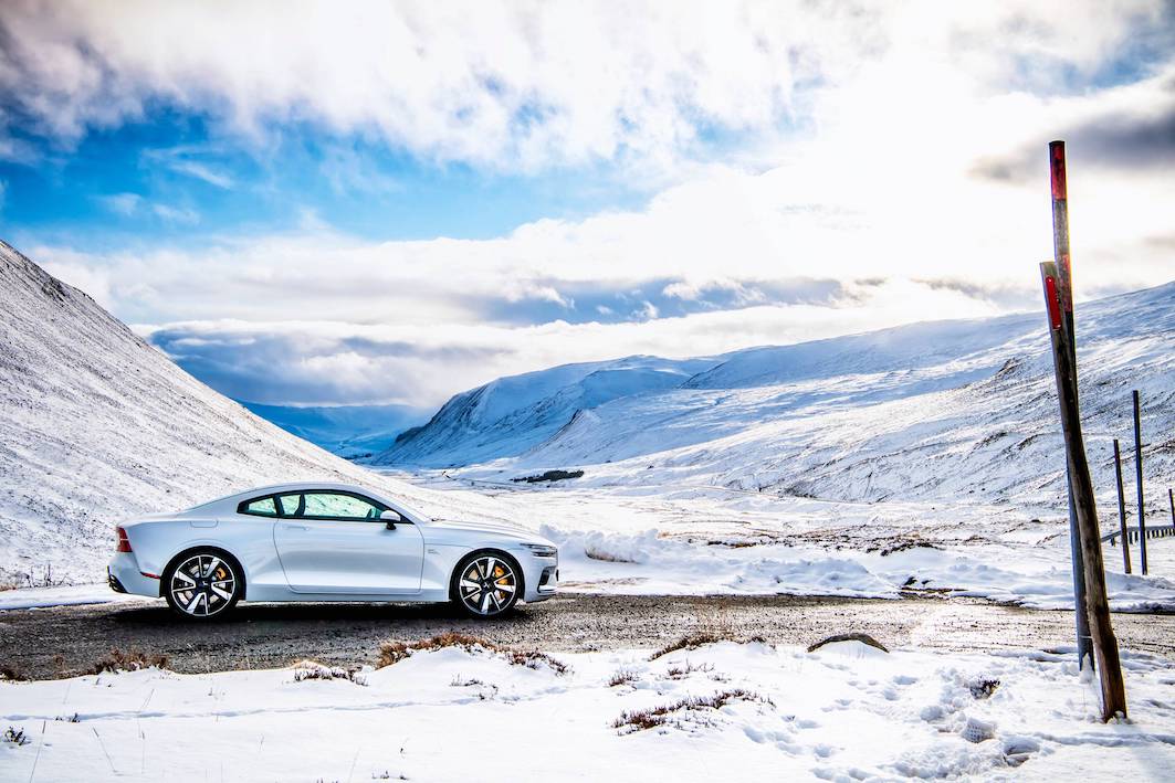 Polestar electric car exterior side parked in snow