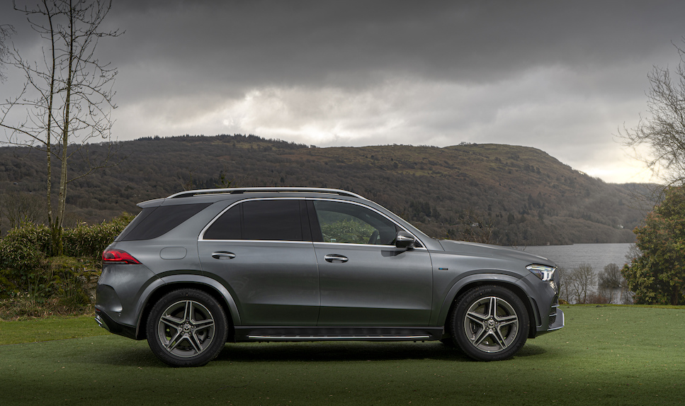 Mercedes-Benz GLE350de4MATIC side on shot, UK registered, mountains in background, gloomy weather