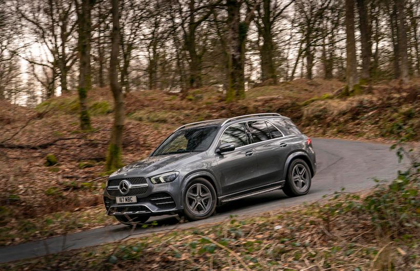 Mercedes-Benz GLE350de4MATIC front action shot, UK registered, woodland road