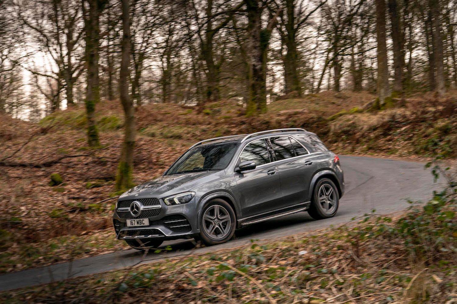 Mercedes-Benz GLE350de4MATIC front action shot, UK registered, woodland road