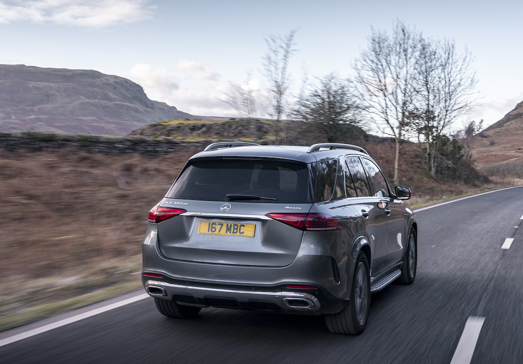Mercedes-Benz GLE350de4MATIC rear action shot, UK registered, mountains in background