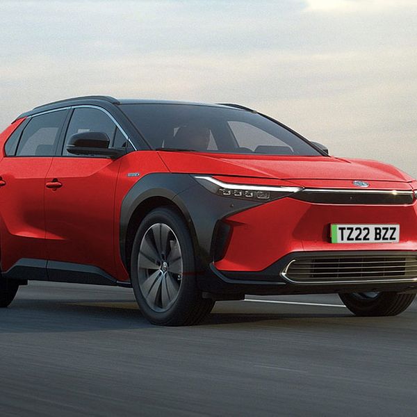 Toyota, Toyota bZ4z, Toyota electric car, front, red, UK, action, driving