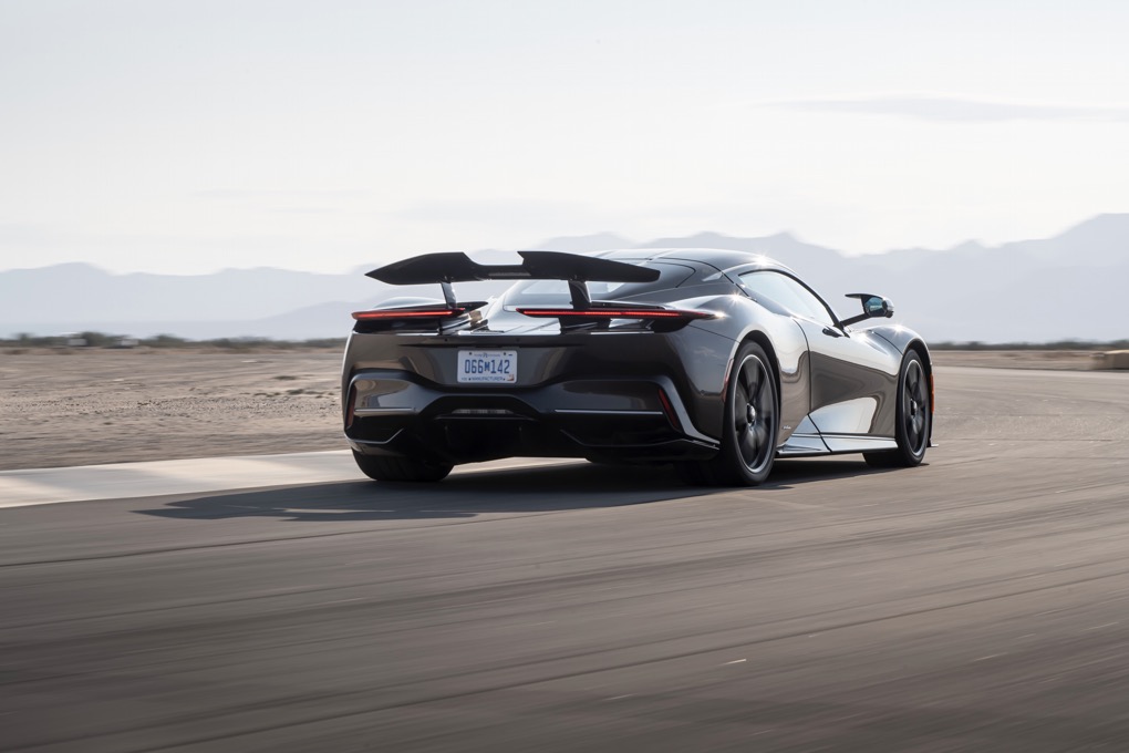 Pininfarina Battista  rear action shot, spoiler deployed