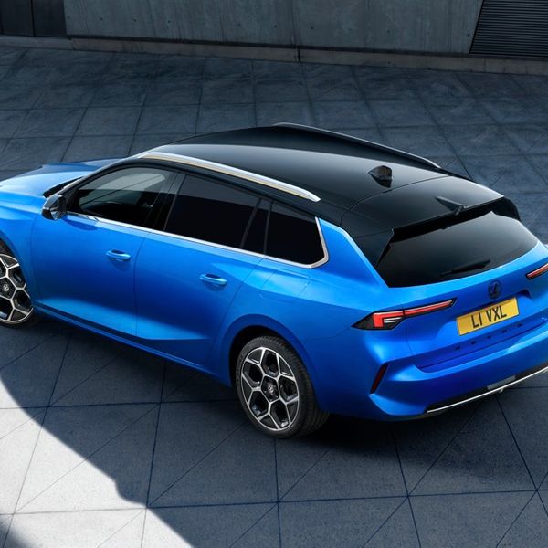 Blue 2022 Vauxhall Astra Sports Tourer rear shot, high vantage point