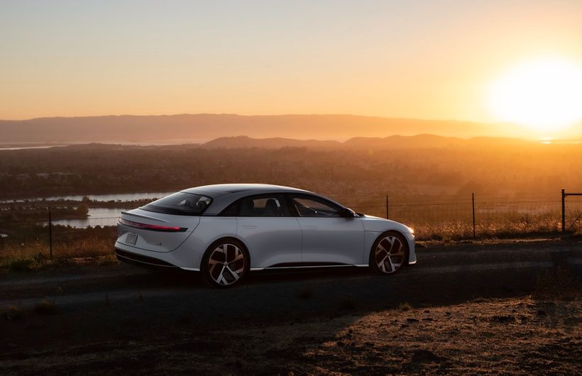 Lucid Air rear three quarters, sunset