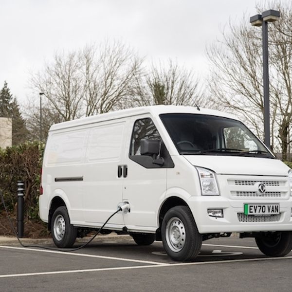 DFSK EC35 electric van, front, parked and charging