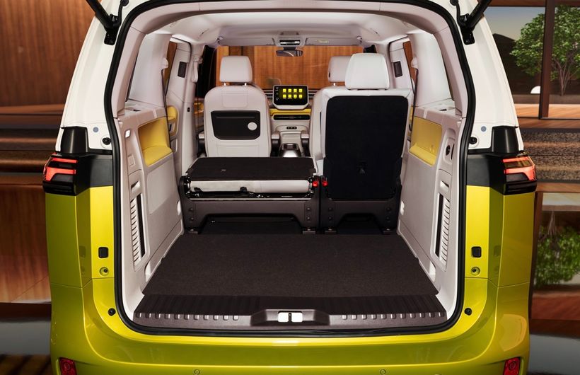 Volkswagen ID.Buzz, yellow/white, luggage load space, seat folded