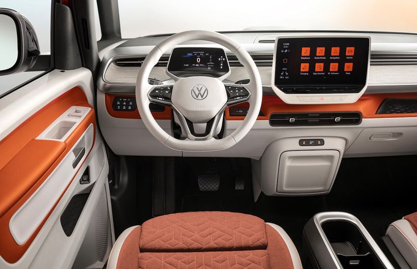 Volkswagen ID.Buzz, orange/white, interior and dashboard