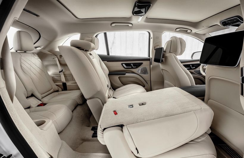 Mercedes EQS SUV rear interior with three rows of seats, middle row partially folded