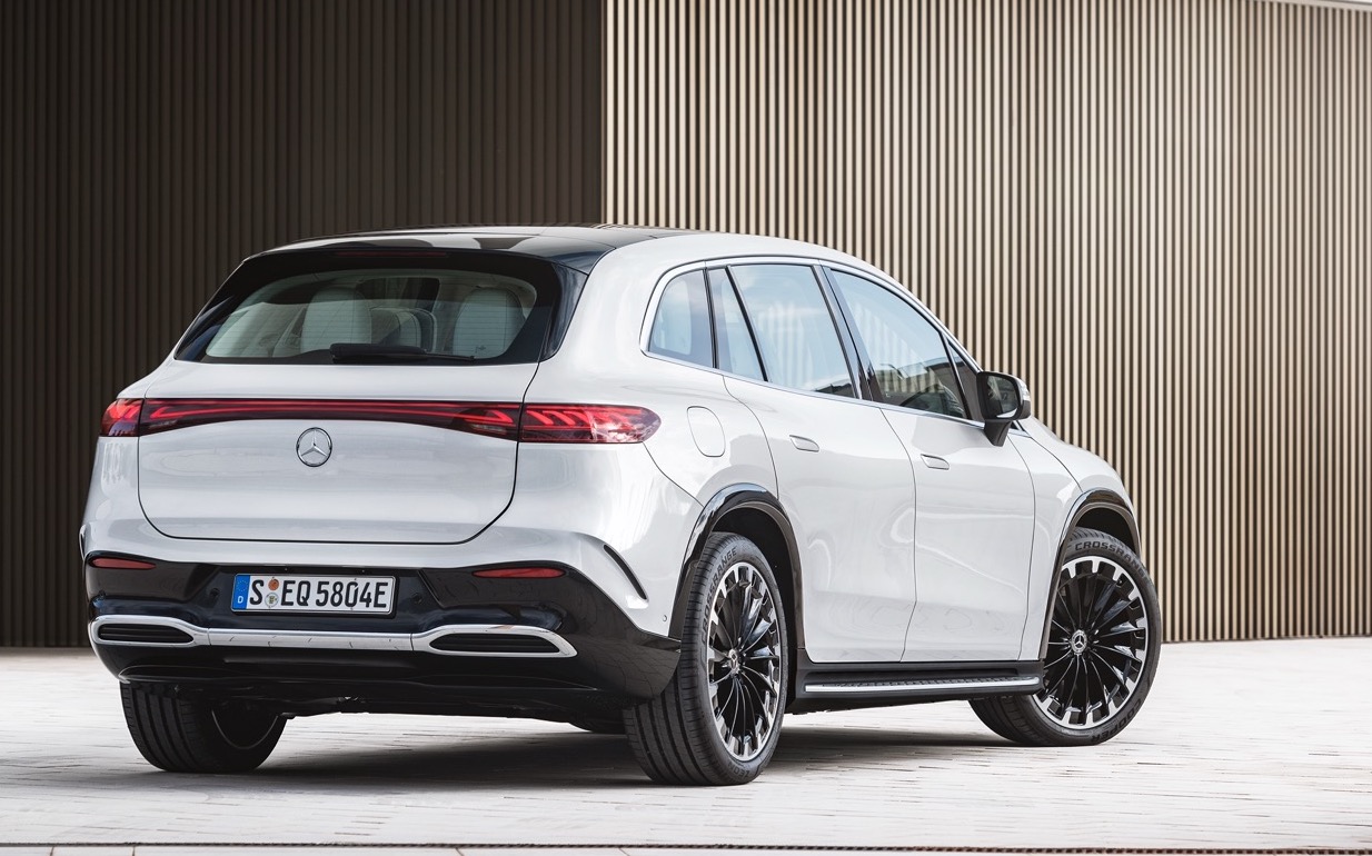 Mercedes EQS SUV rear three quarter static, white car, German registration