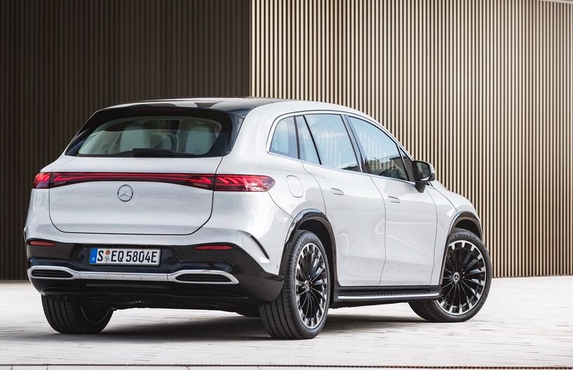 Mercedes EQS SUV rear three quarter static, white car, German registration