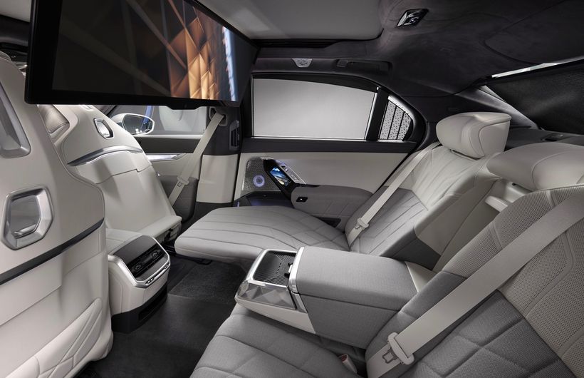 BMW i7 rear interior, cream leather,