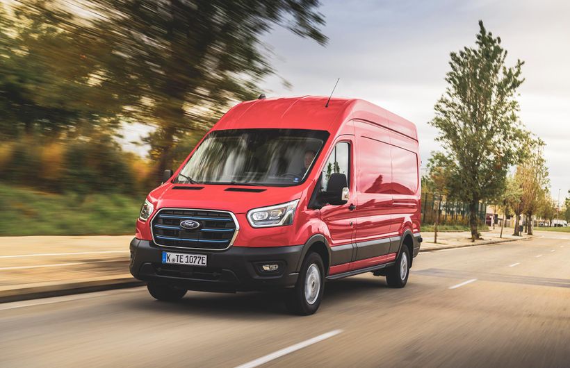 Ford E-Transit, Race Red, front tracking action shot, German registration