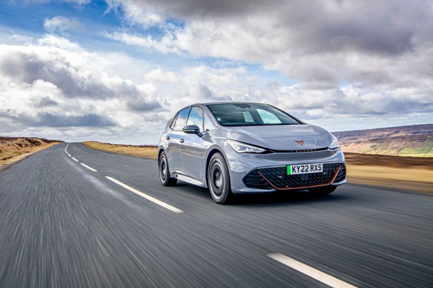 Cupra, Cupra Born, Vapor Grey, front, three-quarters, UK, action, driving