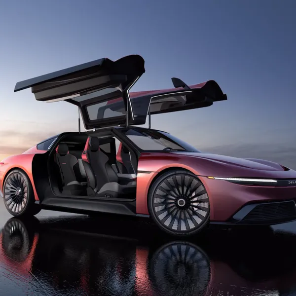 Delorean EV, red, front three quarters, doors raised
