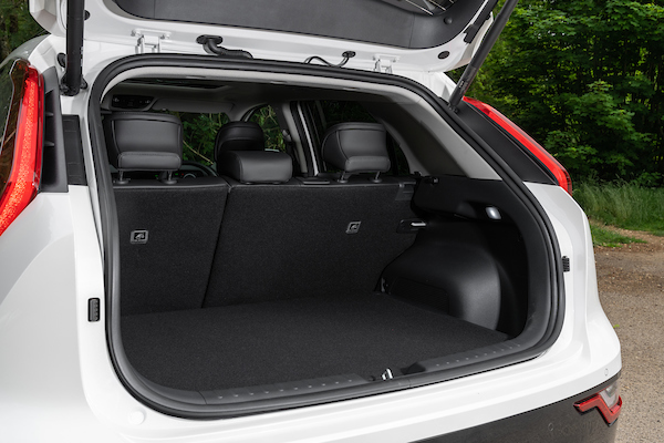 kia Niro ev, white, boot shot, shows back seats