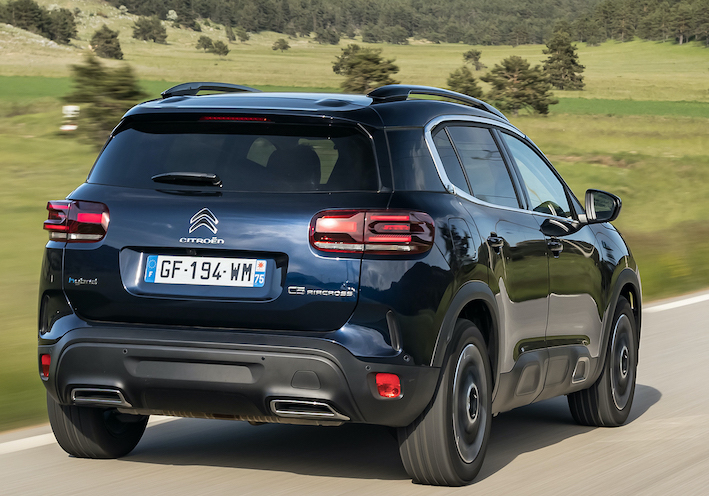 Citroen C5 Aircross, action shot, rear three quarters, French registered, blue car