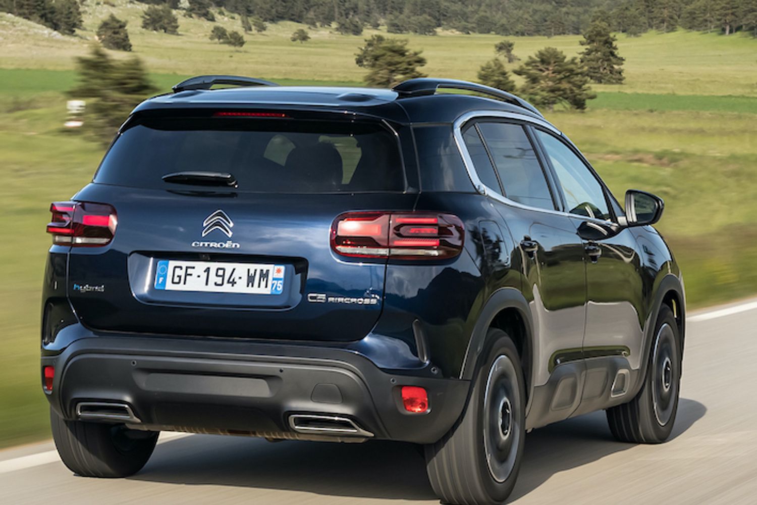 Citroen C5 Aircross, action shot, rear three quarters, French registered, blue car