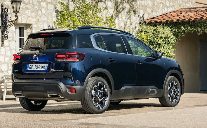Citroen C5 Aircross, still shot, rear three quarters, French registered, blue car