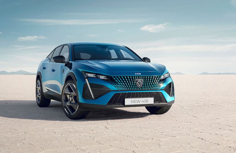 Peugeot 408 PHEV, front three quarters static, on dried lake bed, blue/green car