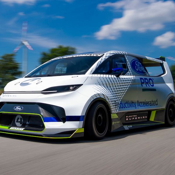 Ford E-Transit Supervan, front on, three quarters action shot