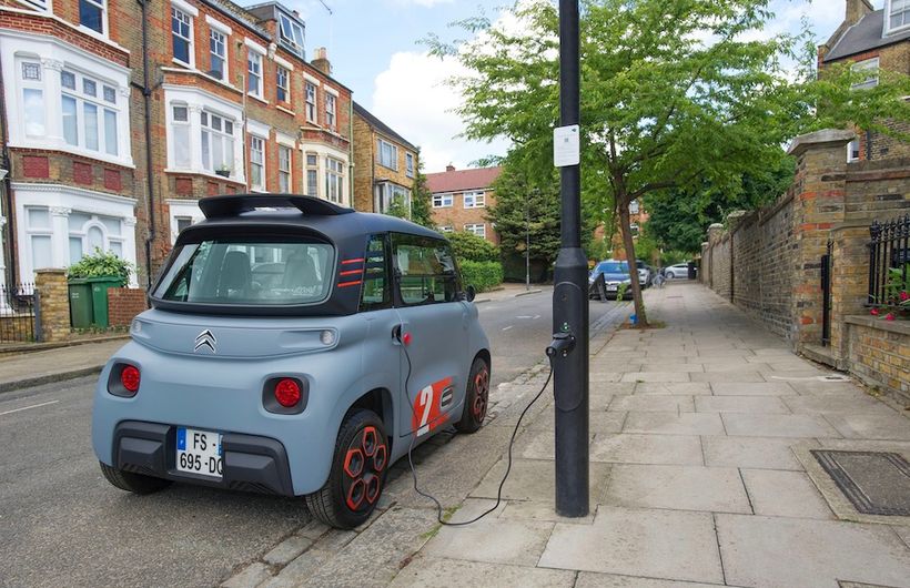 Citroen Ami in UK, French registered, charging at a lamp post ubitricity charge point