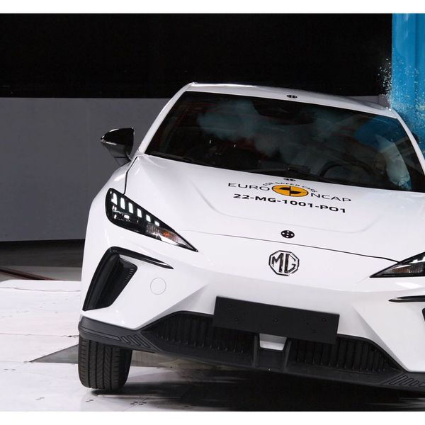 MG4 during a Euro NCAP crash test, side impact, white car
